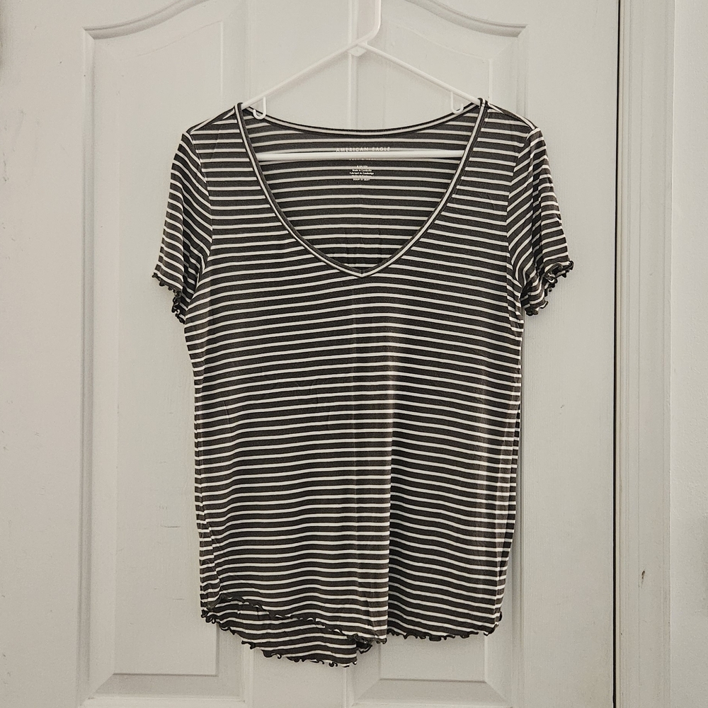 American Eagle Outfitters Green and White Striped V-Neck Tee